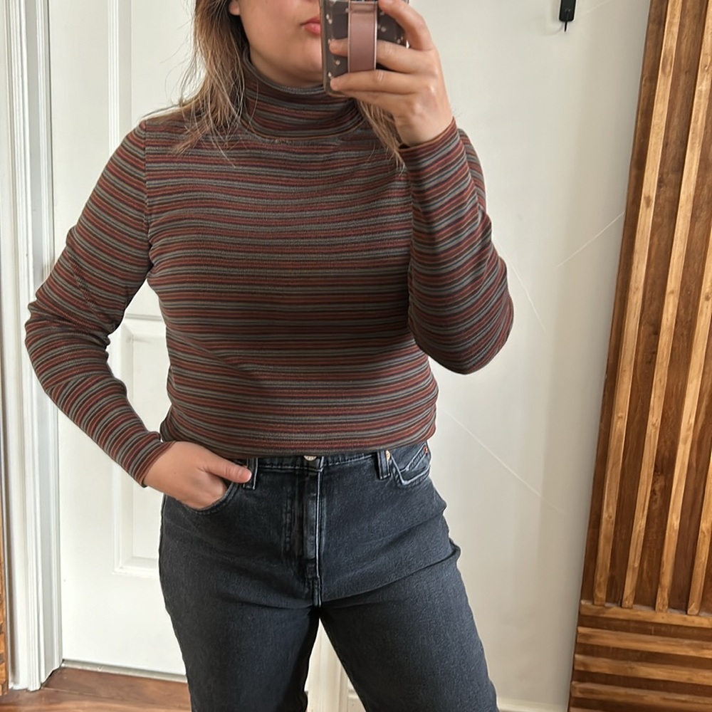 Peruvian Connection Striped Turtleneck Top in Rust, Olive & Slate